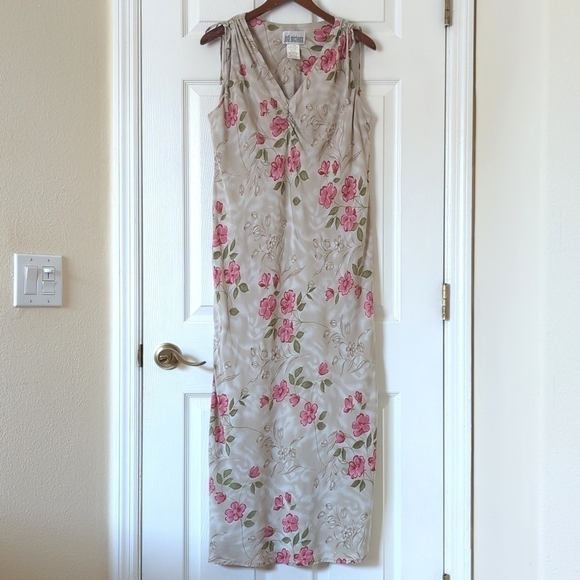 Jodi Michaels Y2K Vintage Floral Sleeveless V-neck Midi Shift Dress Beige 14 - Picture 1 of 11